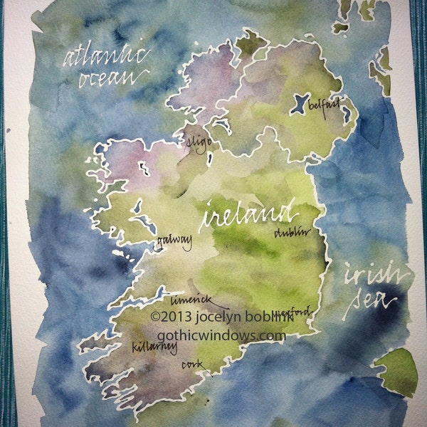 Ireland, a Celtic watercolor map, original painting 9x12" with calligraphy