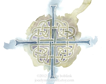 Celtic Cross in Sage and Blue, 8x10 inch giclee print from original watercolor