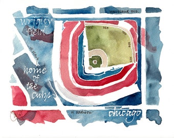 Wrigley Field, home of the Chicago Cubs, signed, limited edition print from original watercolor painting, 8x10