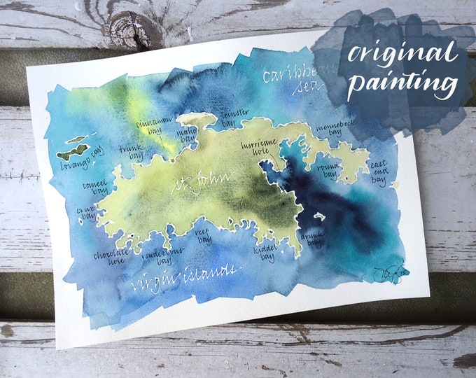 Featured listing image: CUSTOM Watercolor Map of Your Favorite Lake, Bay, or Island, with Personalized Calligraphy 9x12" or 11x14"