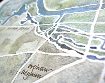 Personalized Watercolor Map of your historic, vintage, or home town, in calligraphy 9x12 or 11x14