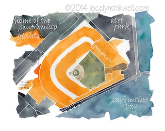 Giants San Francisco AT&T Park, giclee print from original watercolor painting, 8x10