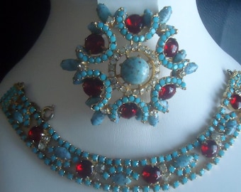 DeLizza and Elster a/k/a  Juliana Tiered Domed Juliana Blue Turquoise Matrix Art Glass Stones and Ruby Red Cabochons Brooch & Bracelet  RARE