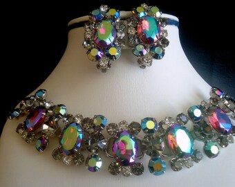DeLizza and Elster a/k/a Juliana Bold and Beautiful Aurora Borealis Coated Heliotrope and Black Diamond Bracelet and Earring Demi Book Piece