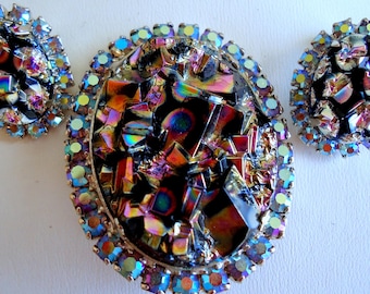 DeLizza and Elster a/k/a Juliana Open Back Oval Black Geode Brooch Pendant and Earrings Scarce and Highly Collectible