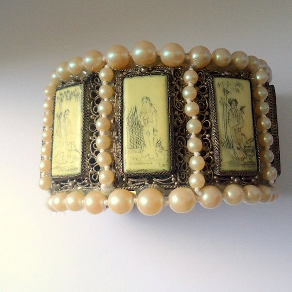 Oriental Motif Scrimshaw Runway Statement Cuff ONE OF A KIND Artisan by Donna