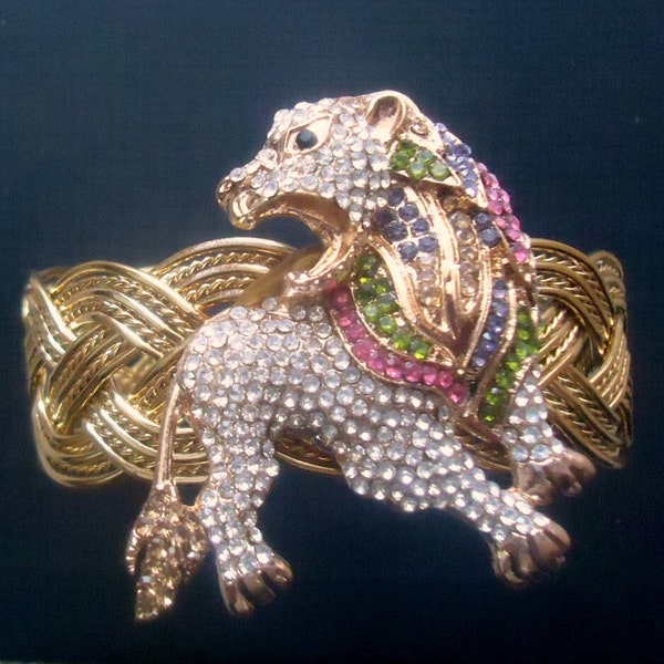 Judith Leiber Inspired Crystal Encrusted Roaring Lion Adorns a 14kt Gold Plated Braided Cuff Bracelet Artisan by Donna ONE OF A KIND