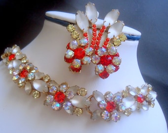 DeLizza and Elster a/k/a Juliana White Frosted Satin Glass and Electric Orange 5 Link Bracelet and Climber Earrings