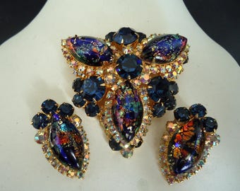 DeLizza and Elster a/k/a Juliana Tiered Multi-Colored Foiled Art Glass Brooch and Earrings  Extremely Rare