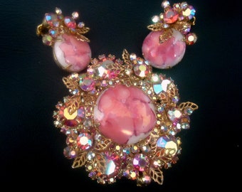 DeLizza and Elster a/k/a Juliana Open Back Pink Cabochon Matrix Brooch Pendant and Earrings HARD TO FIND 1964