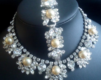 DeLizza and Elster a/k/a Juliana Pearl and Ice Rhinestone Necklace and Bracelet Demi Parure  VERY RARE