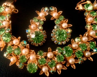 DeLizza and Elster a/k/a Juliana Peridot Chaton Pearl and Flower Casting Bracelet and Climber Earrings RARE