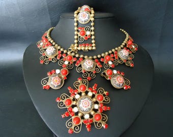 DeLizza & Elster a/k/a Juliana Painted Fired Czech Glass Moroccan Matrix Red, Black, White Scroll Necklace Brooch Bracelet Earrings Parure