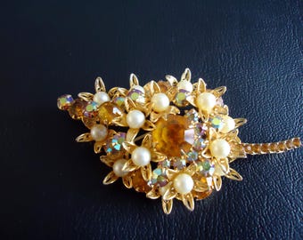 DeLizza and Elster a/k/a Juliana Pearl, Citrine Chaton and Flower Casting Leaf Figural Brooch HTF
