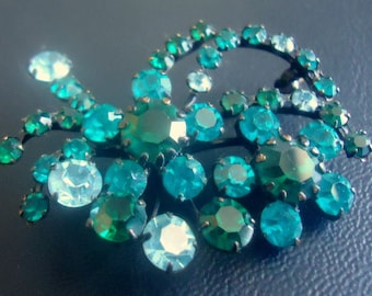 Made in Austria signed Teal, Emerald Green and Blue Topaz Chaton Japanned Dimensional Spray Brooch RARE 1950's