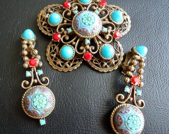 DeLizza and Elster a/k/a Juliana Turquoise Painted Fired Moroccan Matrix Glass Stone Filigree Brooch and Dangle Earrings