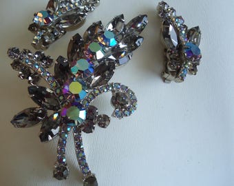 DeLizza and Elster a/k/a Juliana Black Diamond Leaf Spray Figural Brooch and Climber Earrings