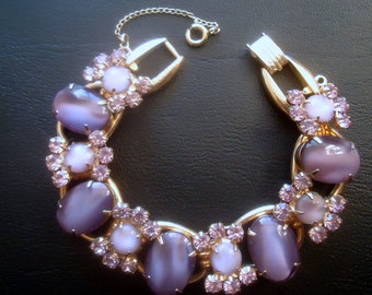 DeLizza and Elster a/k/a Juliana Flawed Marbled Royal Purple Domed Oval Art Glass Cabochons & Lavender Moonstone Art Glass Cabochon Bracelet