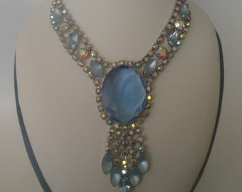 DeLizza and Elster a/k/a Juliana Large Open Back Aquamarine Oval Glass Dangle Necklace VERY RARE and VERIFIED