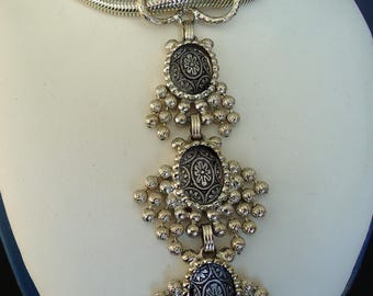 DeLizza and Elster a/k/a Juliana Foil Open Back Etched Carved Art Glass Domed Cabochon Necklace 5" drop. EXTREMELY EXTREMELY RARE Verified