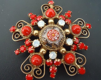 DeLizza & Elster a/k/a Juliana Painted Fired Czech Glass Moroccan Matrix Red, Black, White Scroll Heart Brooch