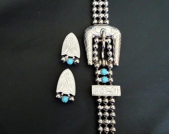 DeLizza and Elster a/k/a Juliana Silver Tone Rhodium Plate Western Belt Buckle Ball Chain Bracelet and Earrings  RARE HTF Retro Chic