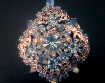 DeLizza and Elster a/k/a Juliana Blue Topaz Chaton and  Silver Scroll Tiered Brooch and Pendant HTF