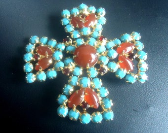 DeLizza and Elster a/k/a Juliana Turquoise Blue and Carnelian Maltese Cross Brooch and Pendant RARE