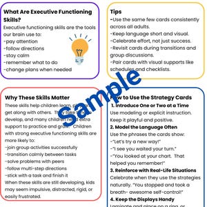 May include: A colorful printable guide with tips for supporting executive functioning skills in children. The guide includes a list of executive functioning skills, tips for using the guide, and a section on how to use strategy cards. The guide is illustrated with a lightbulb and cartoon children.