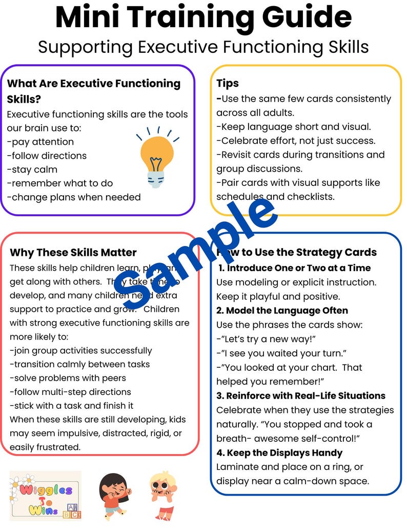 May include: A colorful printable guide with tips for supporting executive functioning skills in children. The guide includes a list of executive functioning skills, tips for using the guide, and a section on how to use strategy cards. The guide is illustrated with a lightbulb and cartoon children.