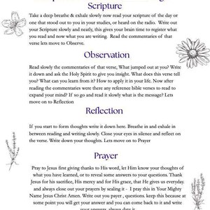 May include: A white paper with the title "Scripture Reflection Color Page" and instructions for scripture study, observation, reflection, and prayer. The page includes floral illustrations and text in a dark blue font.