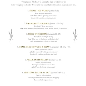 May include: A white page with the title "The James Method" in purple, outlining a faith-based framework. The text details steps like hearing the word, examining yourself, and obeying in action, with floral illustrations.