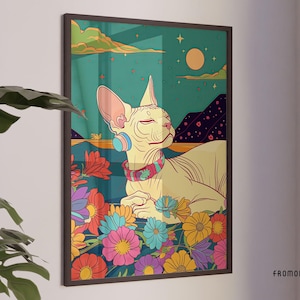 Katze unter sternenklarer Nacht Wand Kunst Poster–Friedliche Musik, Mondlicht Wandkunst, druckbare Dekoration für Schlafzimmer, ruhige Ecken (JPG & PDF, A0 300dpi)