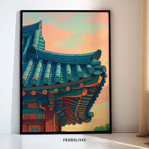 May include: A close-up of a traditional Asian roof with blue and green tiles against a colorful sunset sky. The roof is intricately detailed with wooden beams and decorative elements.