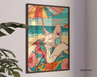 Beach Cat Art Print: Sphynx with Headphones, Coastal Decor (JPG & PDF)