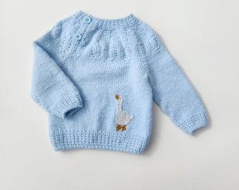 Baby Boy Sweater with Embroidery. Goose Embroidery Baby Sweater. Blue Baby Sweater. Merino Wool Baby Boy Sweater.