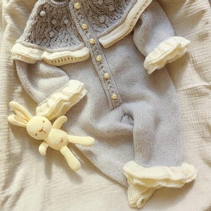 Cotton Baby Overalls with Ruffles. Hand Knit Baby Overalls. Gray Baby  Romper. Neutral Color Baby Overalls. Retro Style Baby Overalls.