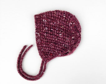 Knit Baby Girl Bonnet. Tweed Merino wool Alpaca Baby Bonnet. Hand Knit Baby Girl Hat. Burgundy Bonnet.