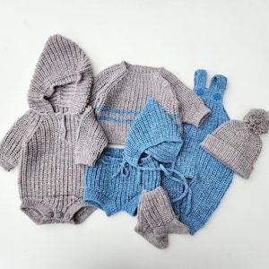 Set de accesorios para fotos de bebé. Conjunto de algodón para bebé niño. Incluye suéter de punto, mameluco, bombachos, calcetines, sudadera con capucha, gorro de duende y gorro con pompón.