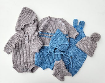 Baby Photo Prop Set. Cotton Baby Boy Set. Knit Baby Sweater, Romper, Bloomers, Socks, Hoodie, Pixie Bonnet and Pompom Hat Set.