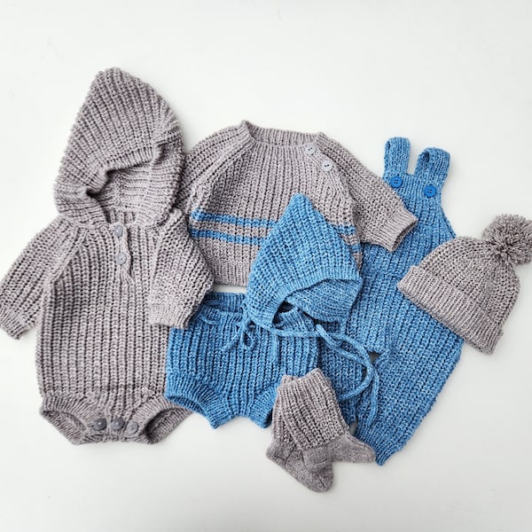 Baby Photo Prop Set. Cotton Baby Boy Set. Knit Baby Sweater, Romper, Bloomers, Socks, Hoodie, Pixie Bonnet and Pompom Hat Set.