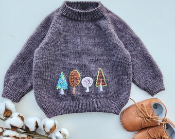 Trees Sweater. Embroidered Baby Sweater. Neutral Colors Baby Sweater. Alpaca Baby Sweater. Hand Knit Wool Baby Sweater. Unisex Sweater.