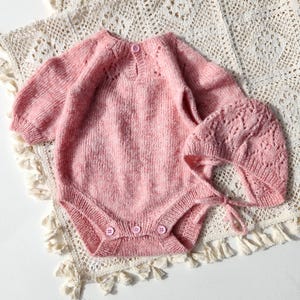 Hand Knit Baby Girl Romper and Bonnet Set. Retro Style Baby Girl Set. Pink Romper and Bonnet Set. Lace Bonnet and Romper Set.