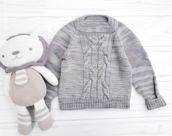 Hand Knit Merino Wool Baby Sweater. Gray Baby Jumper. Neutral Color Baby Sweater. Unisex Baby Clothes. Cable Baby Sweater.