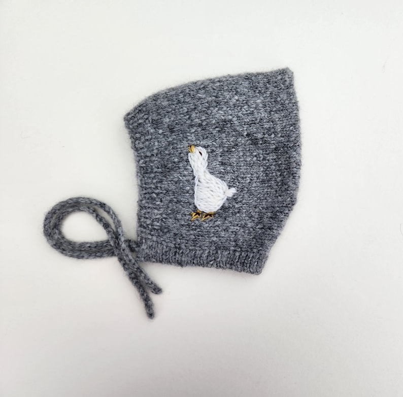 Baby Bonnets with Goose Embroidery. Alpaca Baby Bonnet. Neutral Colors Baby Bonnets. Unisex Baby Bonnets. Hand Knit Baby Pixie Style Hat. Dark gray 3-6 months