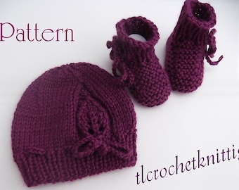 Instant Download Preemie - Newborn Baby Girl Hat and Booties Set  PDF Pattern. Knitting Baby Pattern. Knit for Baby. Baby Hat Pattern.