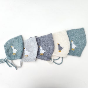 Made to Order Baby Bonnets with Goose Embroidery.  Alpaca Baby Bonnet. Unisex Baby Bonnets. Knit Baby Pixie Style Hat. Embroidered Bonnet.