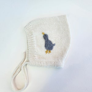 Baby Bonnets with Goose Embroidery. Alpaca Baby Bonnet. Neutral Colors Baby Bonnets. Unisex Baby Bonnets. Hand Knit Baby Pixie Style Hat. image 9