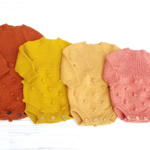 Popcorn Romper. Hand Knit Baby Popcorn Romper. Neutral Color Popcorn Romper. Unisex Baby Romper. Mustard Baby Popcorn Romper. Retro Style.