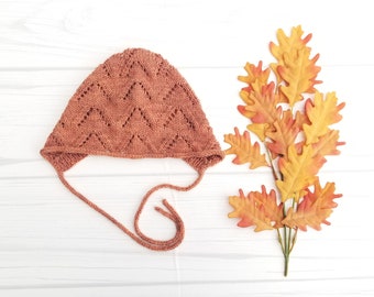 Lace Wool Bonnet. Copper Bonnet. Hand Knit Baby Bonnet. Knit Baby Hat. Retro Style Baby Bonnet.